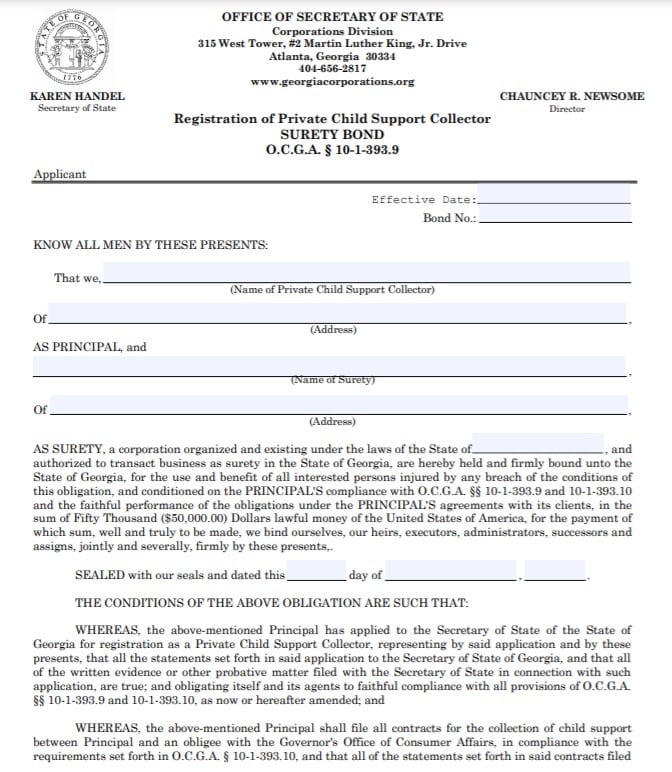 Georgia Private Child Support Collector Bond Form