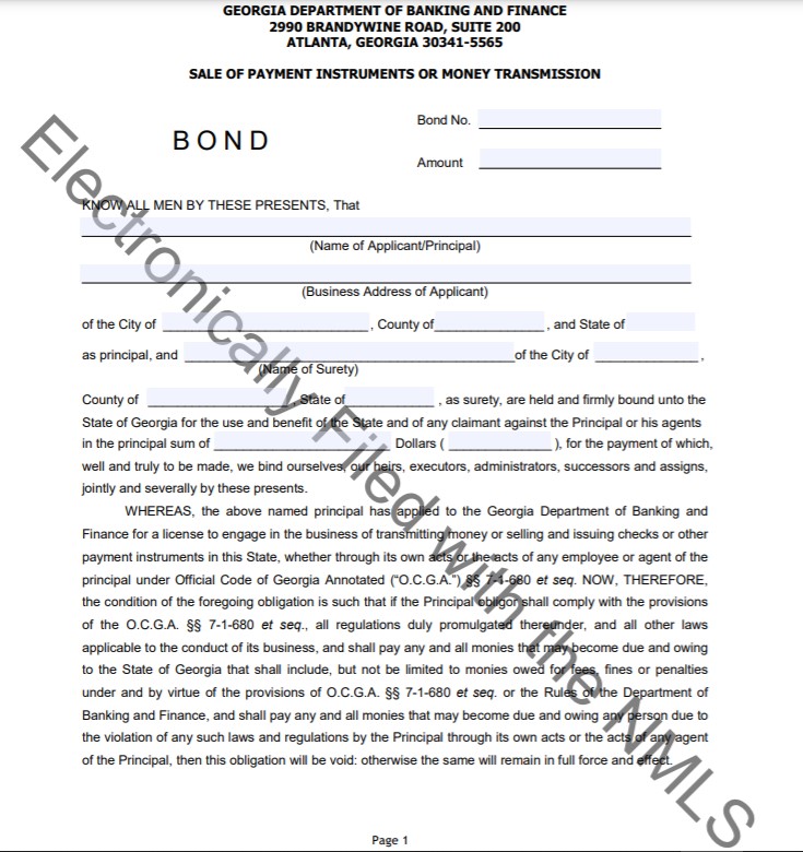 Georgia Seller of Payment Instruments Bond Form