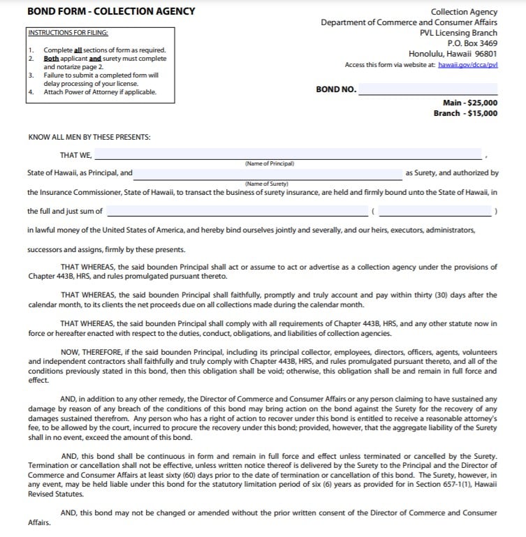 Hawaii Collection Agency Bond Form