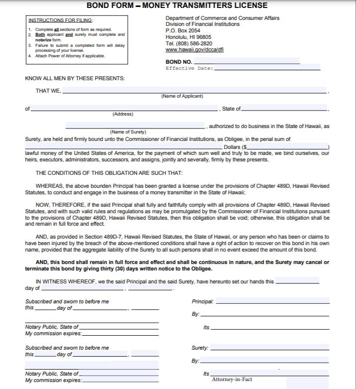 Hawaii Money Transmitter Bond Form