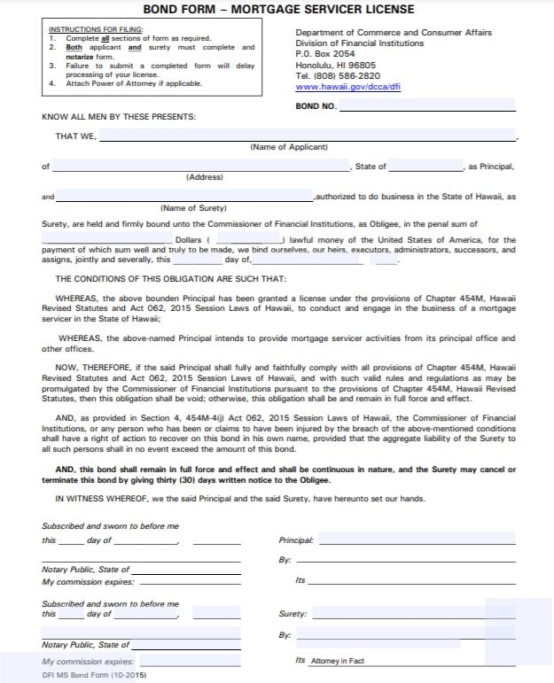 Hawaii Mortgage Servicer Bond Form