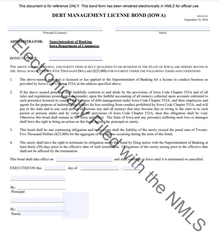 Iowa Debt Management Bond Form
