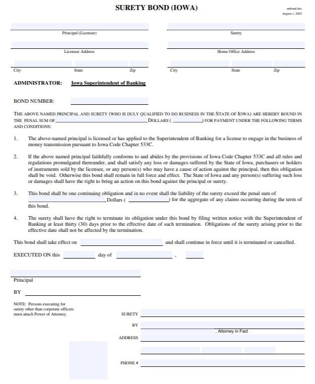 Iowa Delayed Deposit Services Bond Form