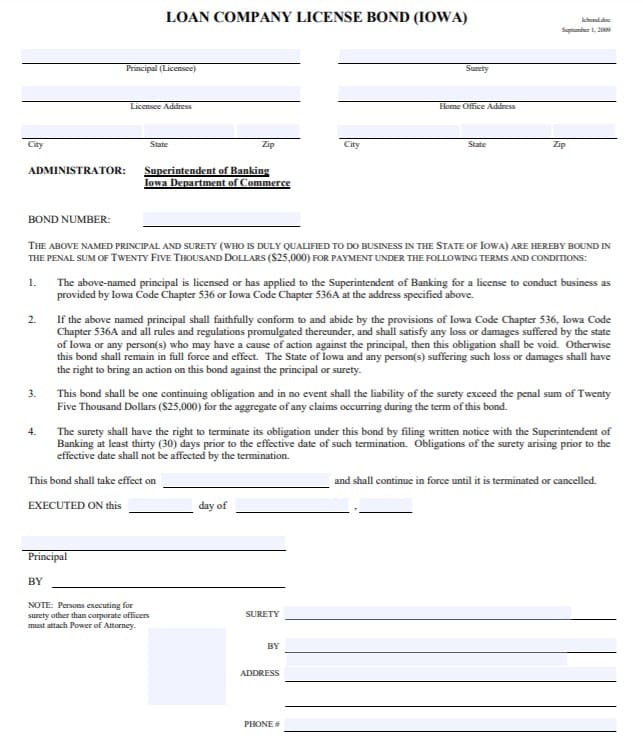 Iowa Loan Company Bond Form