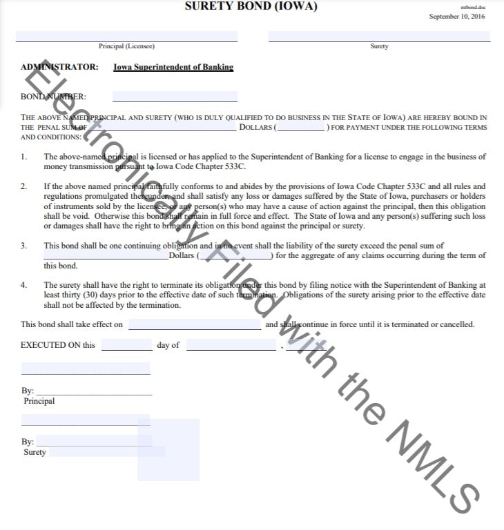 Iowa Money Transmitter Bond Form