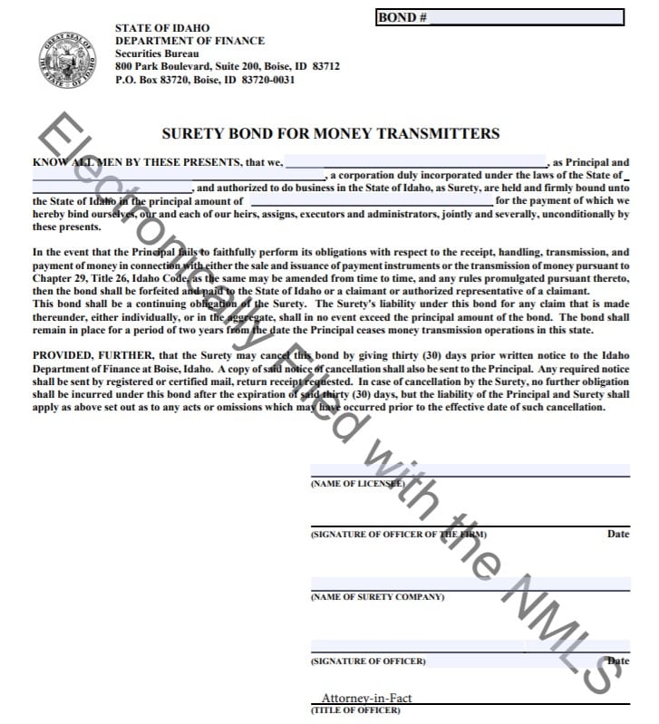 Idaho Money Transmitter Bond Form