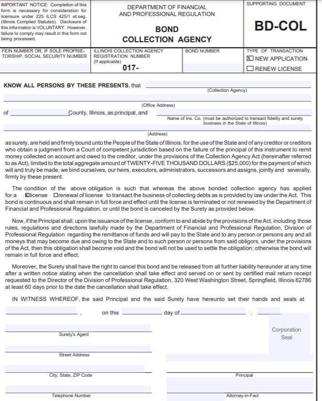 Illinois Collection Agency Bond Form