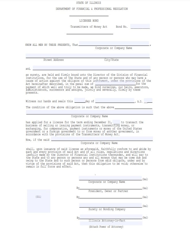 Illinois Money Transmitter Bond Form