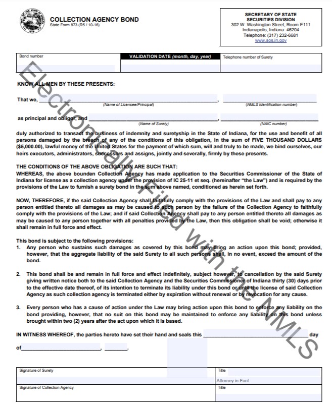 Indiana Collection Agency Provider Bond Form