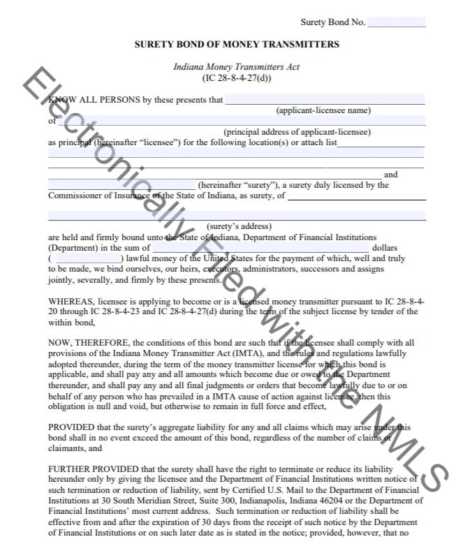 Indiana Money Transmitter Bond Form