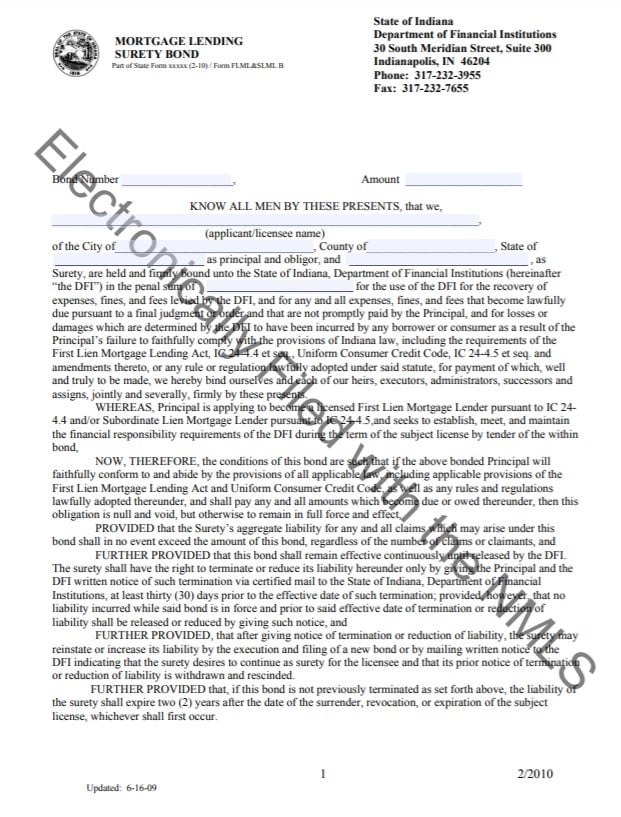 Indiana Mortgage Lender Bond Form