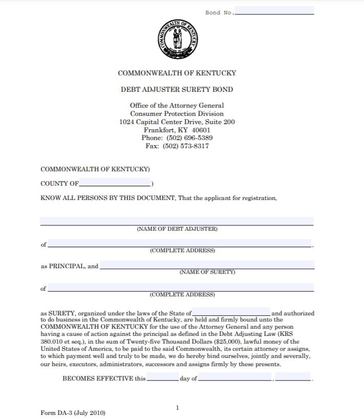 Kentucky Debt Adjuster Bond Form