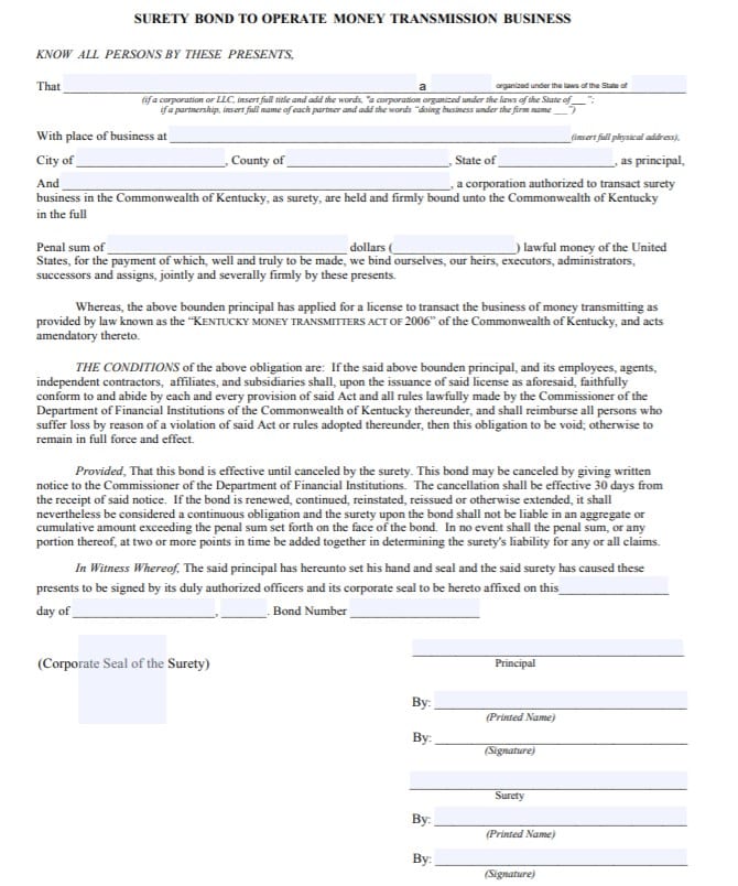 Kentucky Money Transmitter Bond Form