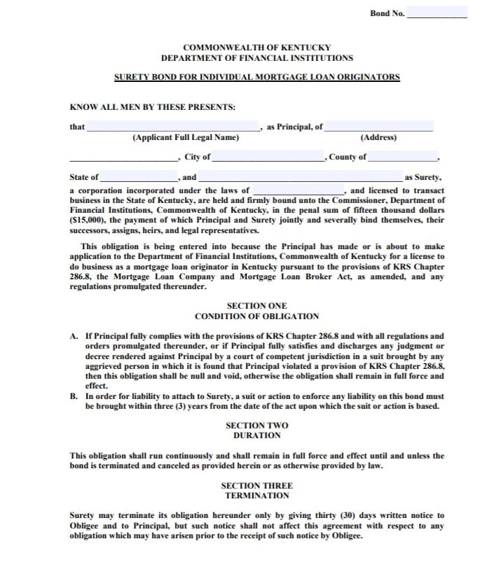 Kentucky Mortgage Loan Originator Bond Form