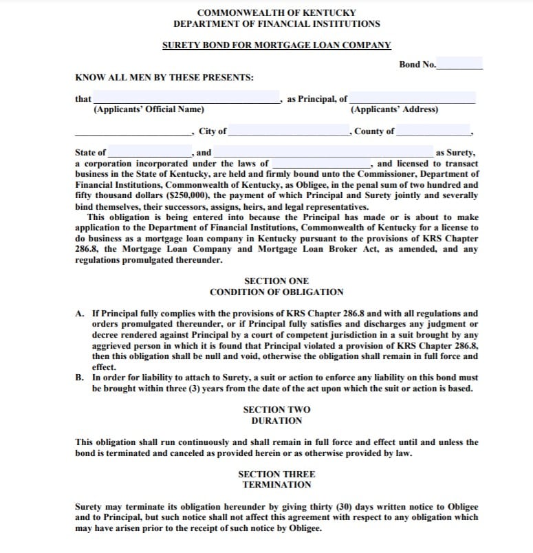 Kentucky Mortgage Company Bond Form