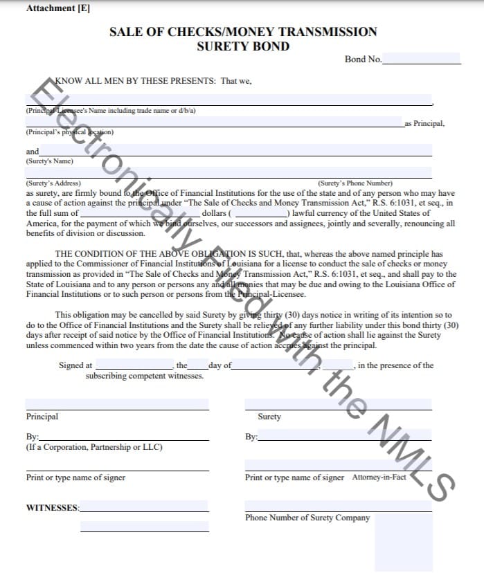 Louisiana Money Transmitter and Check Seller Bond Form