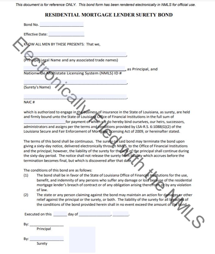 Louisiana Mortgage Lender Bond Form