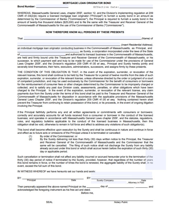 Massachusetts Mortgage Loan Originator Bond Form