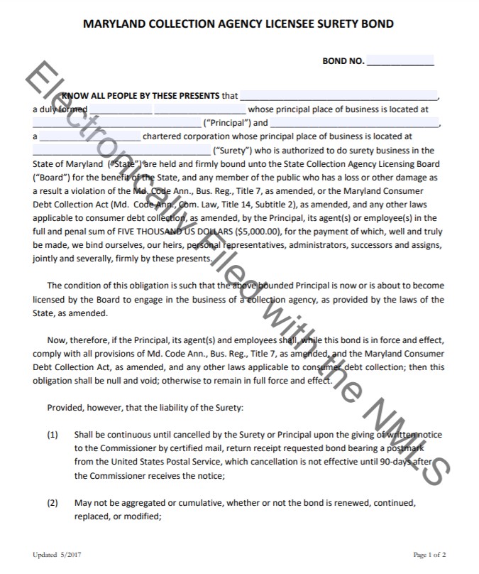 Maryland Collection Agency Bond Form