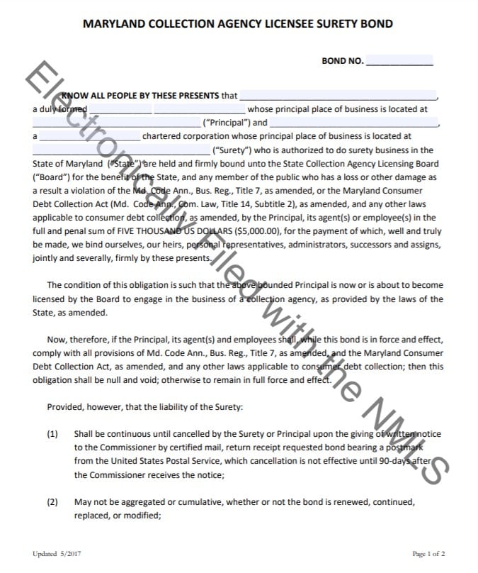 Maryland Collection Agency Bond Form