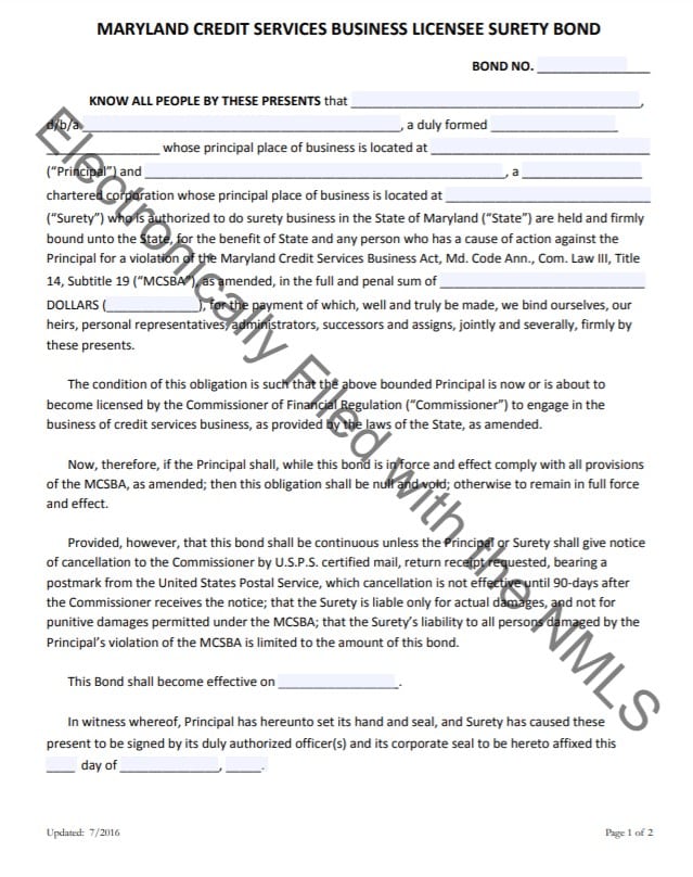 Maryland Credit Services Bond Form