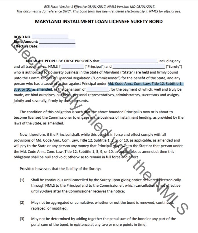 Maryland Installment Loan Bond Form