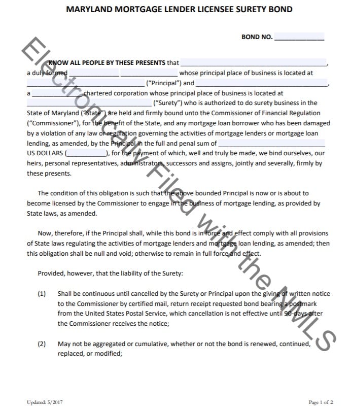 Maryland Mortgage Lender Bond Form