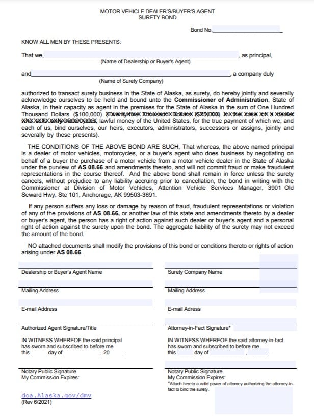 Alaska Auto Dealer Bond Form