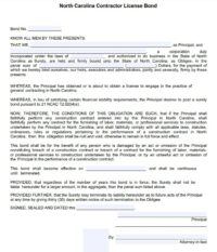  North Carolina huvudentreprenör Bond Form