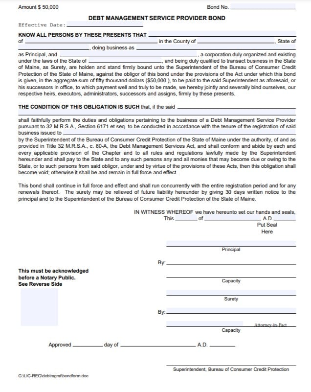 Maine Debt Management Service Provider Bond Form