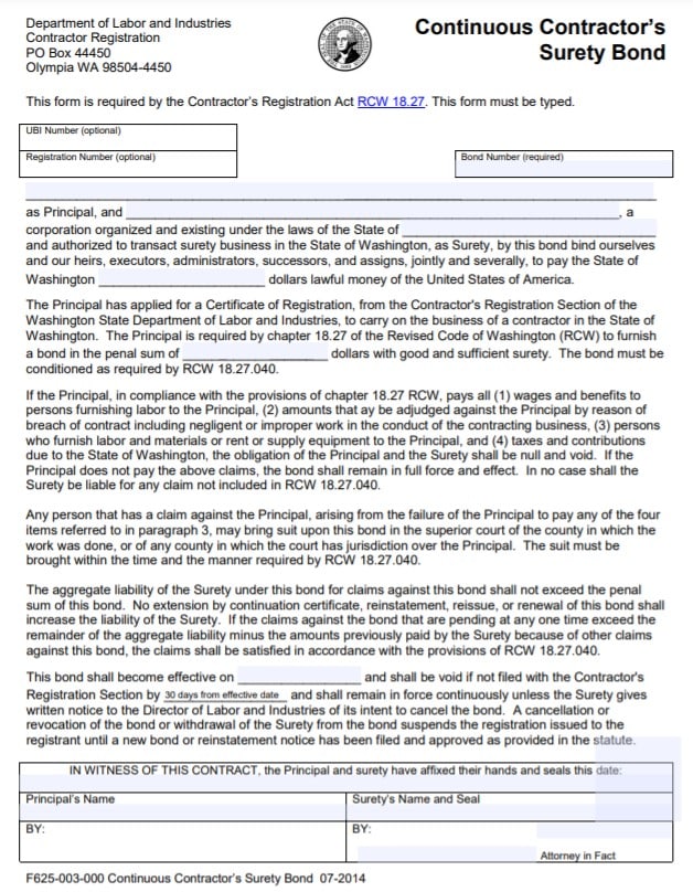 Washington Plumbing Contractor Bond Form