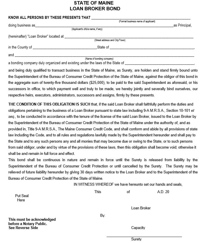 Maine Loan Broker Bond Form