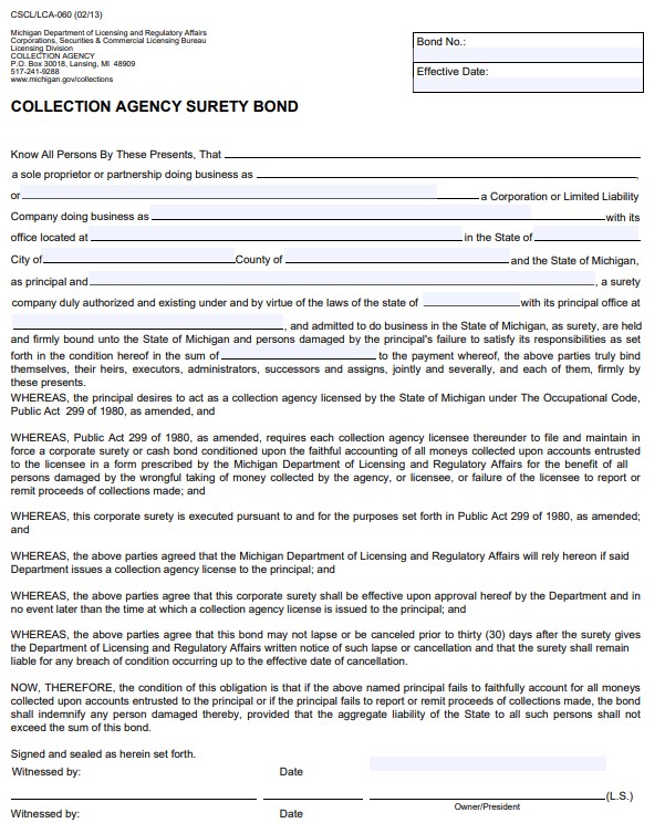 Michigan Collection Agency Bond Form