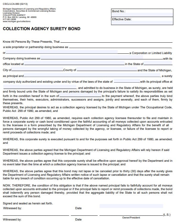 Michigan Collection Agency Bond Form