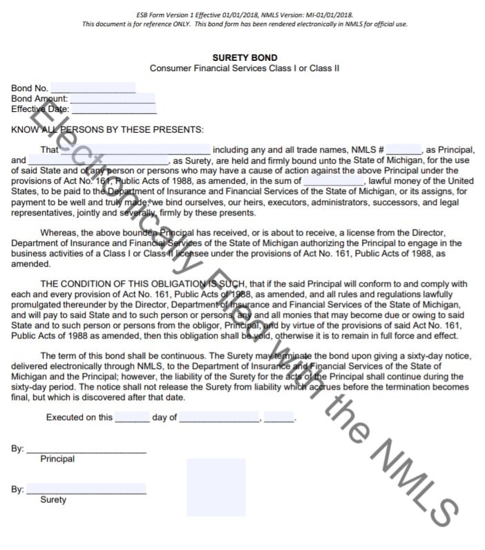 Michigan Consumer Financial Services Bond Form