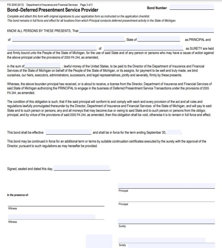 Michigan Deferred Presentment Bond Form