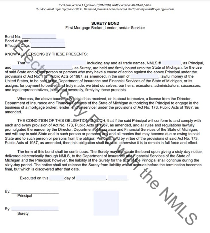 Michigan Mortgage License Bond Form