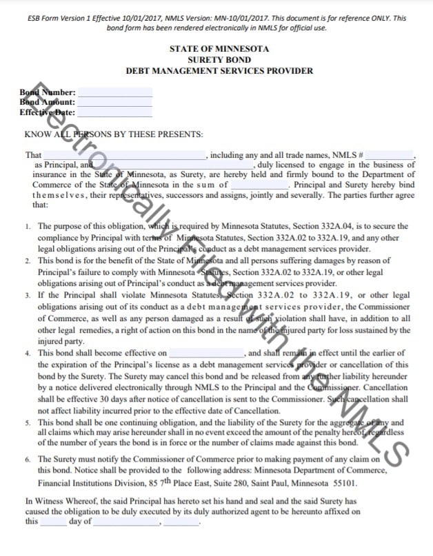 Minnesota Debt Management Services Bond Form