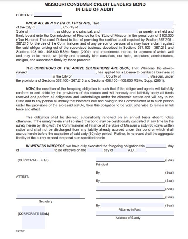 Missouri Money Order/Money Transmitter Bond Form