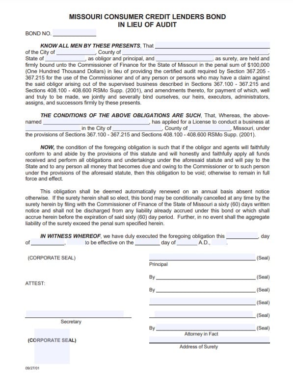 Missouri Small Loan Company Bond Form