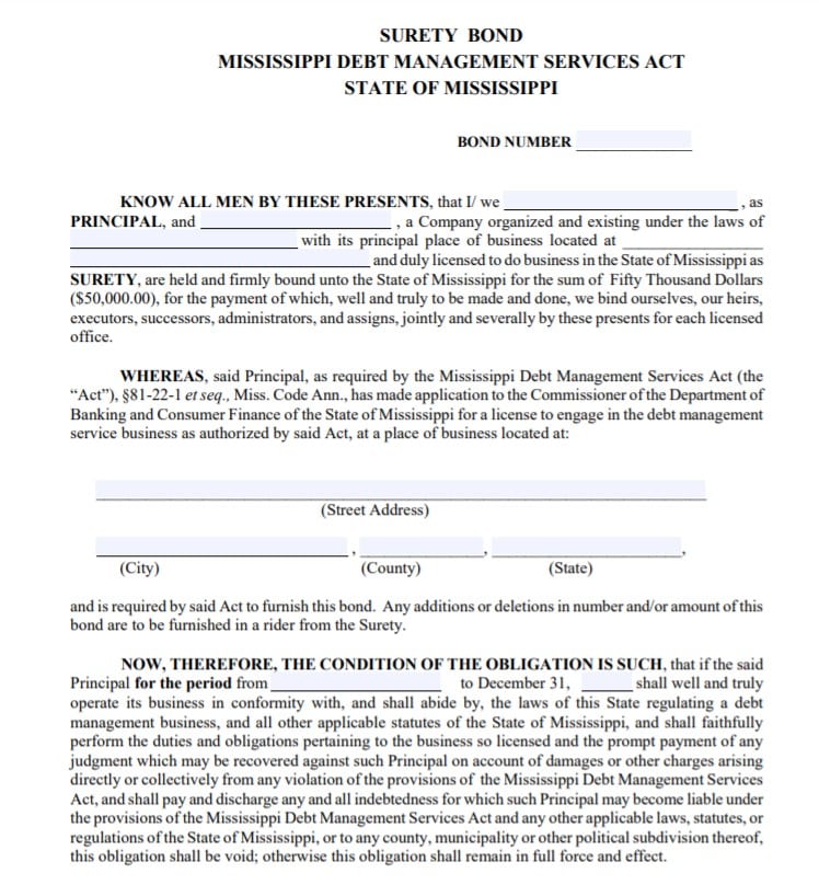 Mississippi Debt Management Services Provider Bond Form