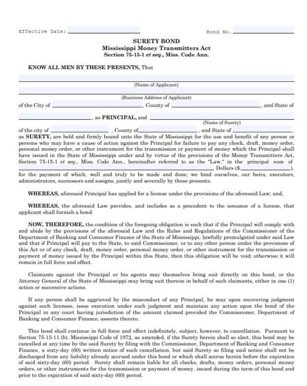 Mississippi Money Transmitter Bond Form