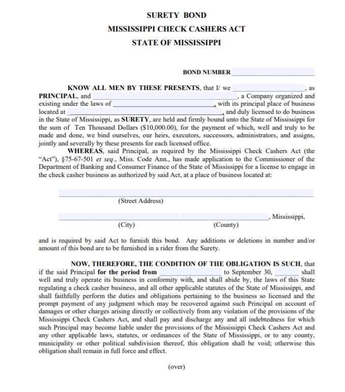 Mississippi Check Casher Bond Form