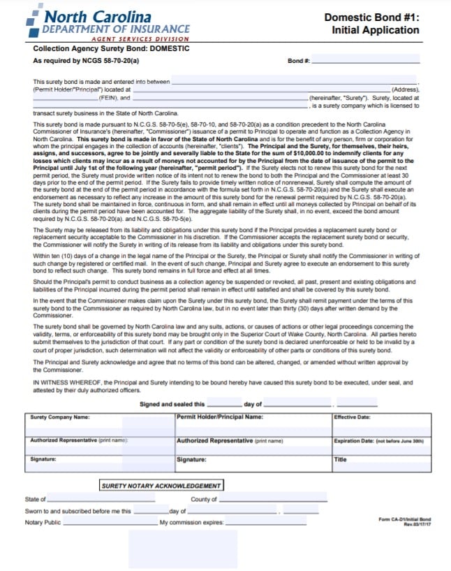 North Carolina Collection Agency Bond Form