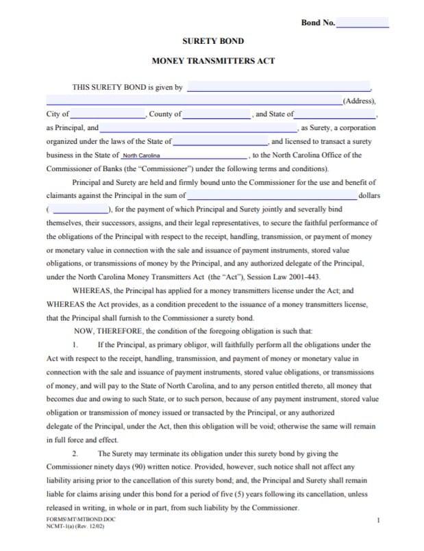 North Carolina Money Transmitter Bond Form