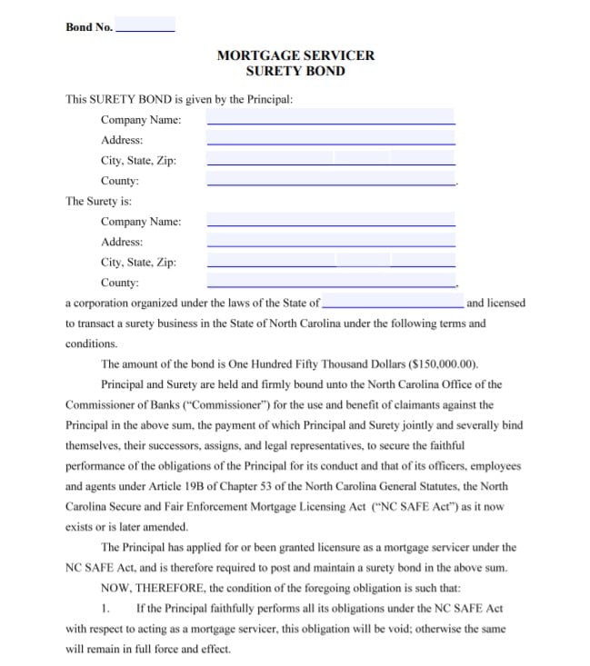 North Carolina Mortgage Servicer Bond Form