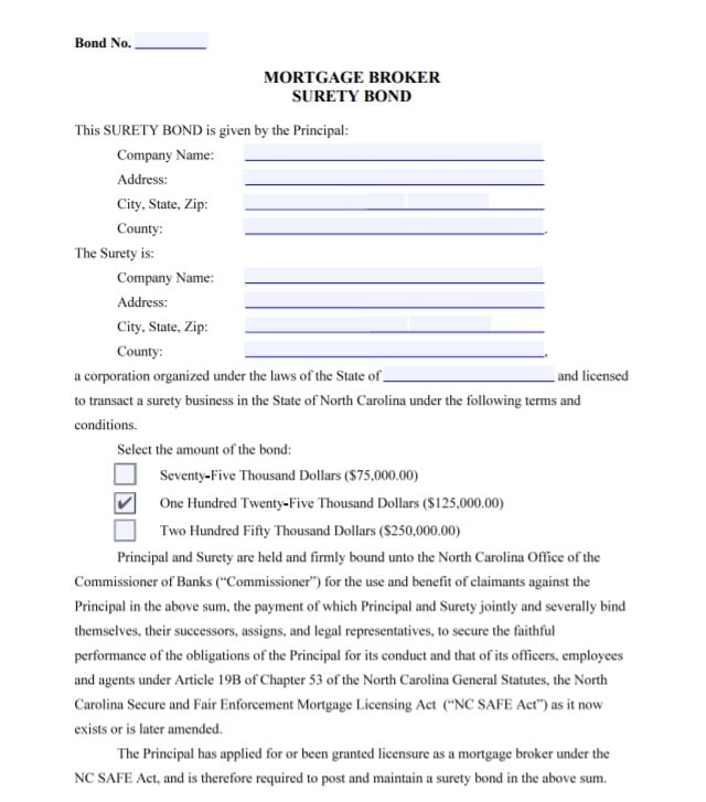 North Carolina Mortgage Broker Bond Form