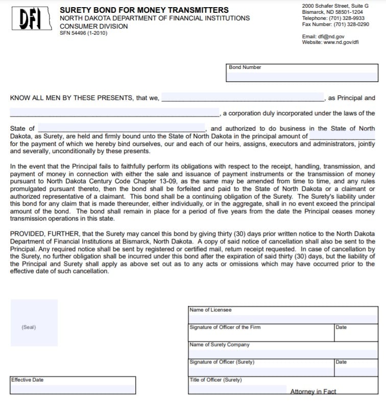 North Dakota Money Transmitter Bond Form