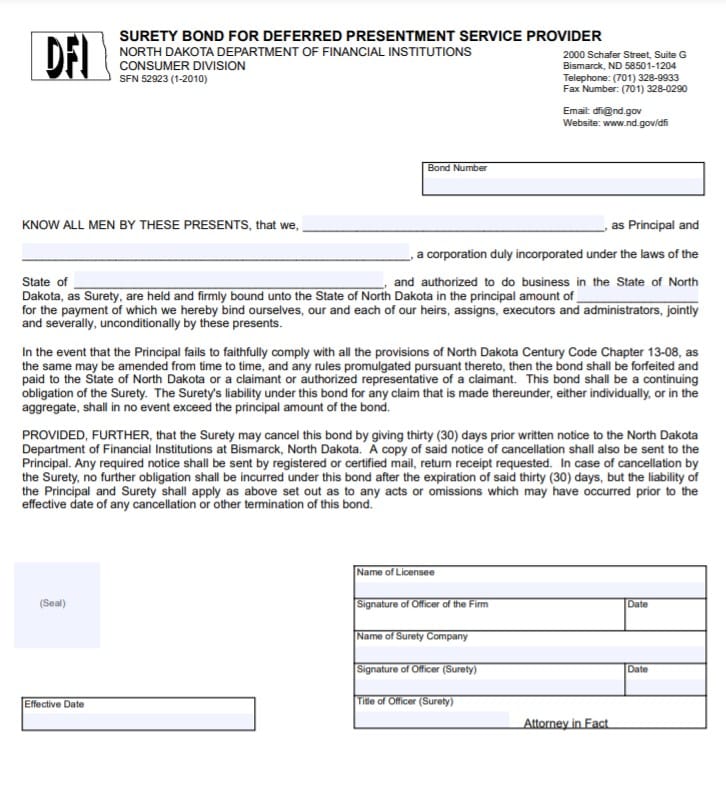 North Dakota Deferred Presentment Service Provider Bond Form