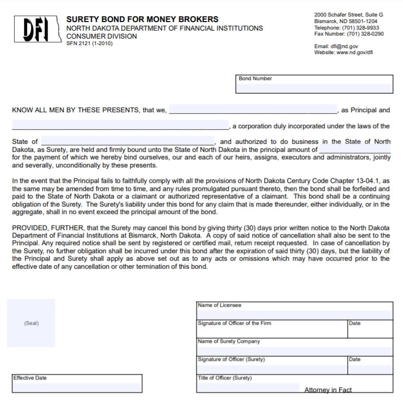 North Dakota Money Broker Bond Form